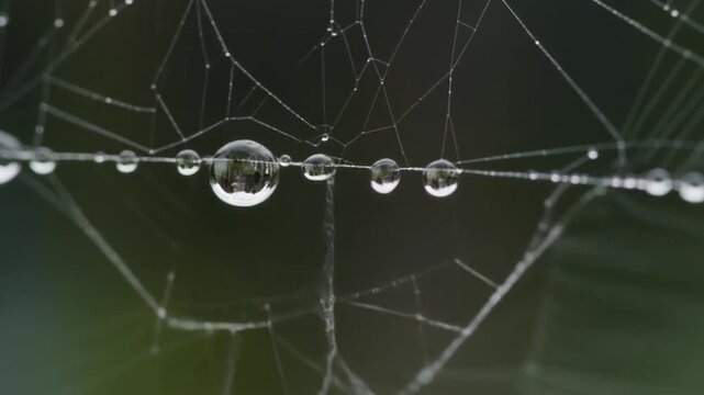 Dew drops clinging to fine silk threads against dark background