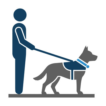Minimalist silhouette of a person standing with a guide dog on a white background showcasing accessibility and support concept