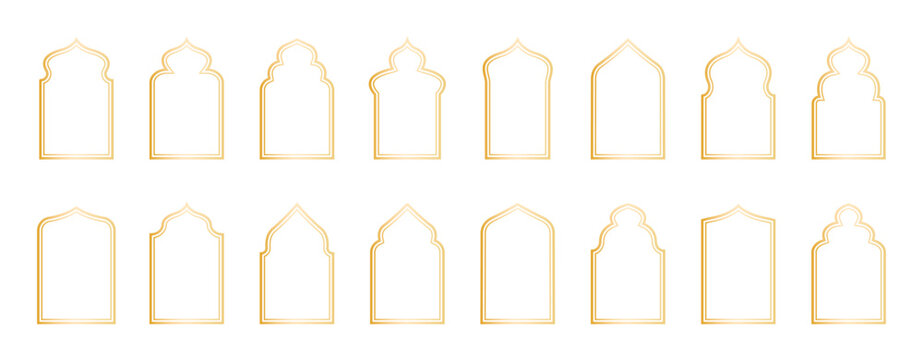 Shapes of islamic arch, window. Arabic or indian frames with golden border for Ramadan decoration. Oriental mosque arch in luxury style. Vintage architecture elements, windows and arches for mosque.