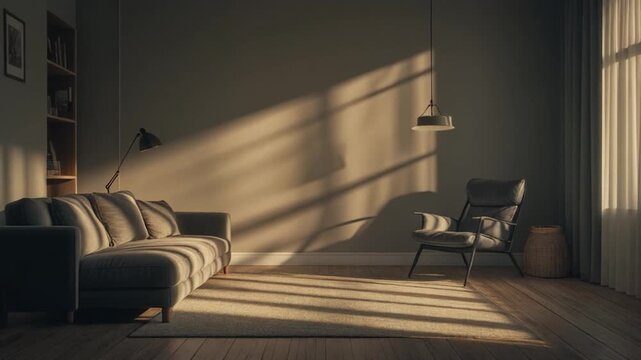 Interior living space illuminated by streaming afternoon sunlight creating strong shadow patterns