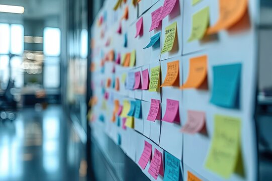 colorful sticky notes covering a whiteboard in a modern office hallway during a collaborative brainstorming session, energetic and focused atmosphere