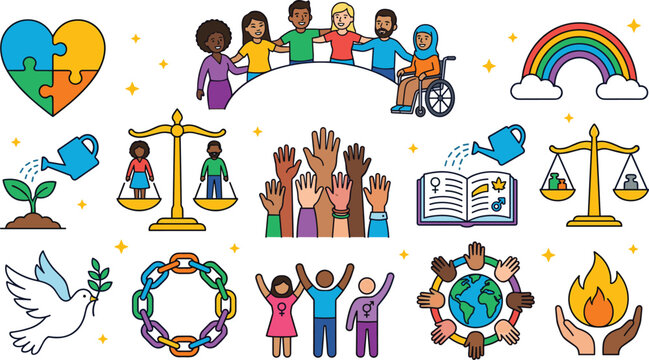 Diversity and inclusion vector icon set with multicultural people gender equality justice scales unity community and human rights conceptual color illustrations