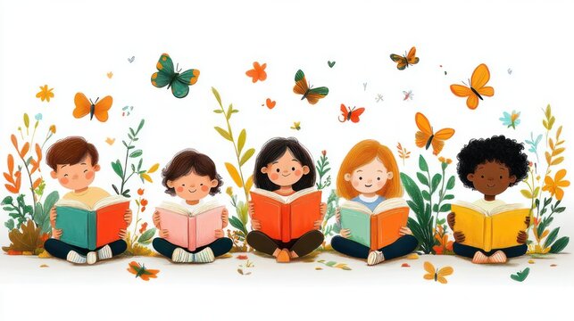 five children sitting cross-legged reading colorful books outdoors among plants and butterflies, joyful and curious storytime scene