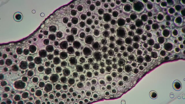 Microscopic view of biological plant cell structures in laboratory.