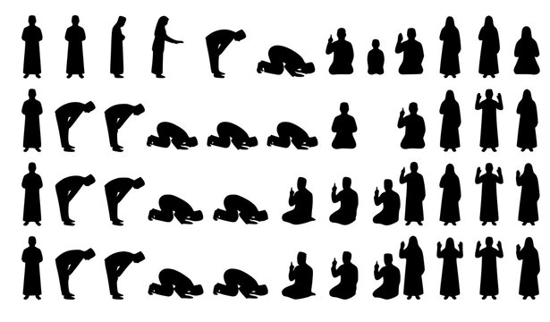 Muslim Prayer Silhouette Icon Set Islamic Salah Worship Vector Collection