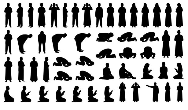 Islamic Worship and Muslim Prayer Silhouette Vector Icon Collection