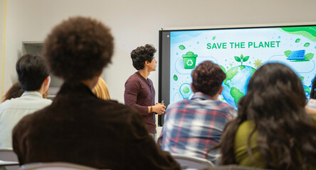Obraz premium Young man teaching students about ecology and climate change during a green presentation