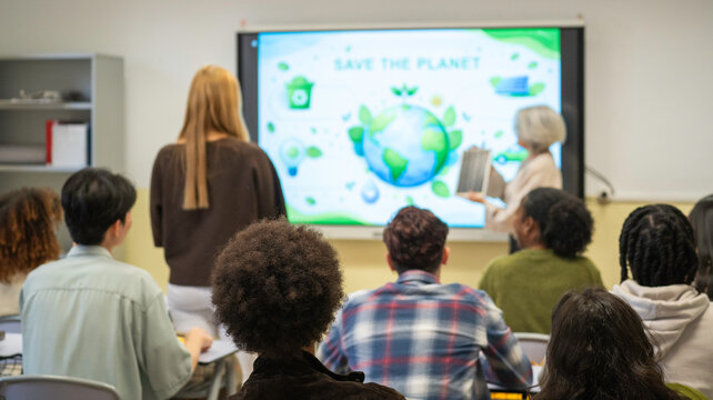 Students listening to a teacher giving a presentation on saving planet earth in a classroom