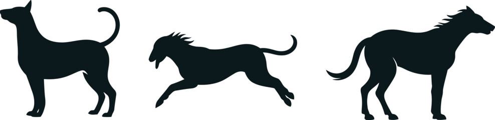Dog silhouettes in dynamic poses standing, leaping, walking with curled tails, upright posture, playful movement, pet animal vector illustration © Arif Creatives