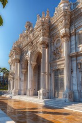 Obraz premium Majestic sunlit ornate stone façade with towering Corinthian columns, arched entrances, intricate carvings, sculpted figures and wet reflective courtyard under a clear blue sky
