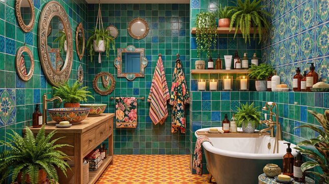 Maximalist bathroom interior with emerald tiles, ornate mirrors, lush plants and freestanding tub