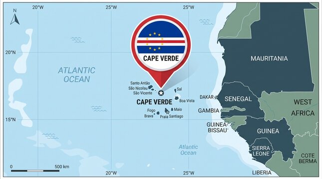 "Vector map with Cape Verde islands and location pin, symbolizing geography, identity, and global connection&hellip;"