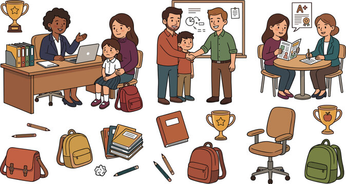 Parent teacher interview meeting vector illustration set with diverse families discussing child education academic grades and school elements