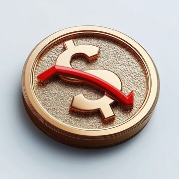 gold coin with raised dollar sign and red downward arrow indicating financial decline and loss
