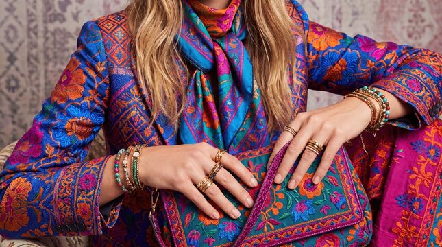 Maximalist embroidered fashion accessories with vivid florals and layered gold jewelry closeup