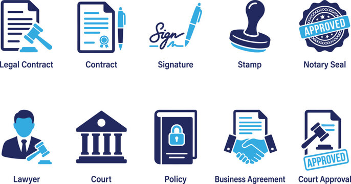 legal contract signature stamp notary seal lawyer court policy business agreement court approval vector icon set.