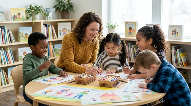 A smiling female teacher helps four diverse young children color and draw at a round table in a bright classroom or library setting.