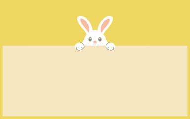 Fototapeta premium A cute white rabbit peeks over a large yellow and beige sign in a playful scene.