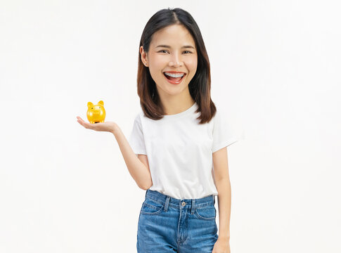 Happy young Asian woman holding a piggy bank and smiling isolated on white studio background for saving money concept.