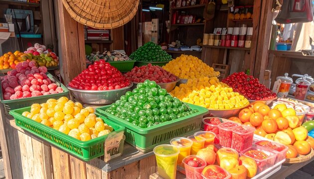 Abundant colorful fruit candies and fresh fruits displayed at an outdoor market stall, creating