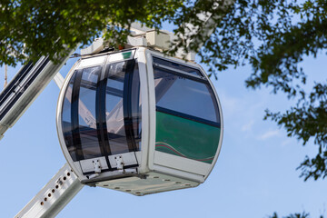 Aerial view of a glass-enclosed gondola car with trees overhead © Rattanachat