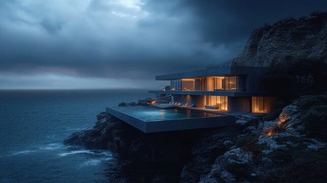 moody modern cliffside villa with cantilevered infinity pool and warm interior lights overlooking stormy ocean at dusk