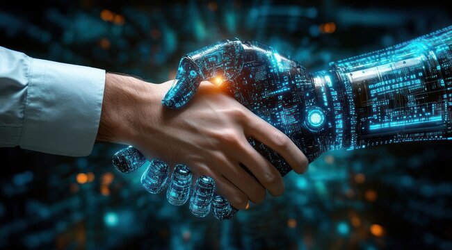 Human hand in a white shirt sleeve shaking a glowing blue cybernetic robotic hand with visible circuitry against a blurred dark tech background, conveying partnership and trust