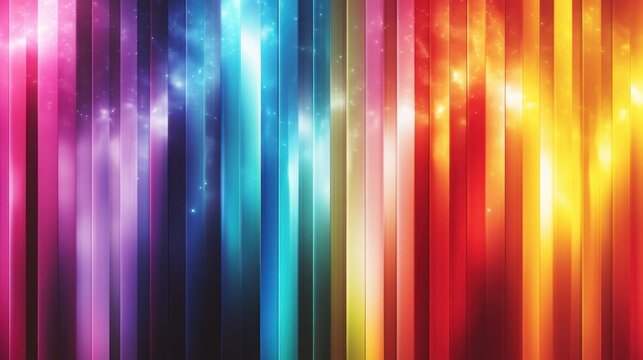 Vibrant vertical light pillars in rainbow spectrum with glowing bokeh and sparkling stars, creating an energetic and dynamic abstract atmosphere