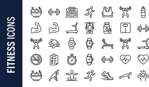 Set of fitness icons and workout vector line graphics isolated on white background