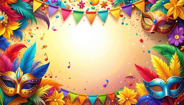 Vibrant Colorful Carnival Celebration Border Frame filled with Festive Party Bunting Flags, Masquerade Masks, and Feathers for Mardi Gras Flyers