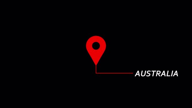Red location pin icon  Australia text animation in 4K animation with alpha channel on transparent background Australia location animation