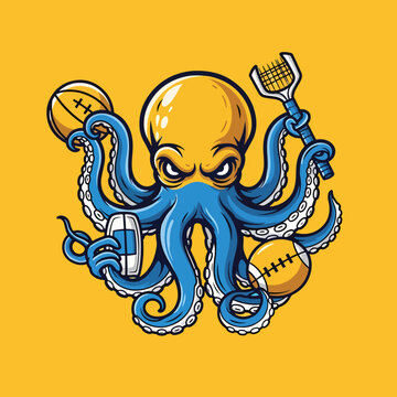 Cartoon mascot illustration of a fierce blue octopus holding various sports equipment.
