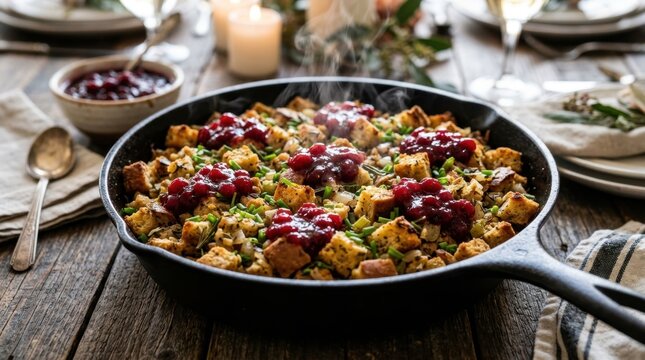Steaming hot cranberry stuffing baked in a rustic cast iron skillet, a perfect holiday side dish.