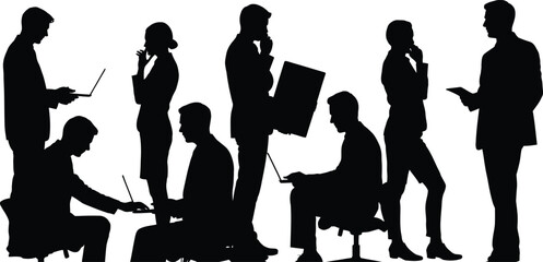 Obraz premium Office worker silhouettes with laptops, computers, teamwork, professional collaboration, seated and standing positions, modern workplace technology vector illustration design