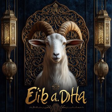 White horned ram centered against an intricate golden filigree arch with two hanging ornate lanterns, evoking a solemn, festive and reverent atmosphere