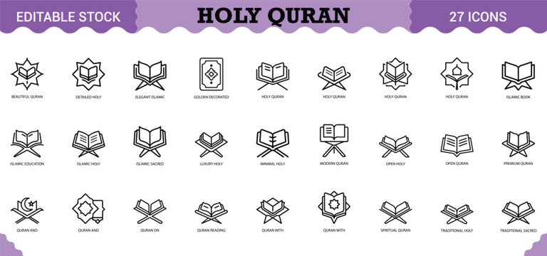 PrintHoly Quran Icon Set - 27 Editable Vector Icons for Islamic Faith & Religious Education. Features the Holy Quran book, open scripture on rehal stands, Islamic geometric patterns, and spiritual sym