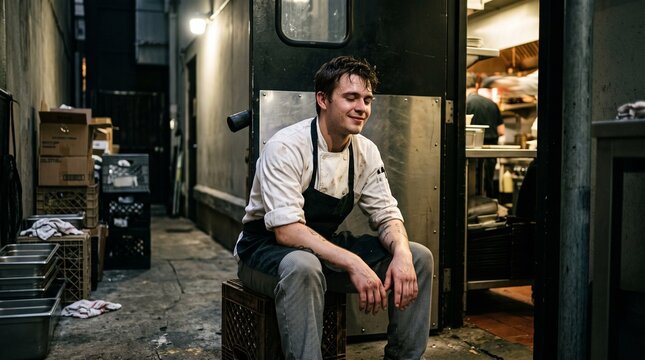 Tired young chef taking a deep breath of relief while sitting on a plastic crate in a narrow restaurant alley during a kitchen break