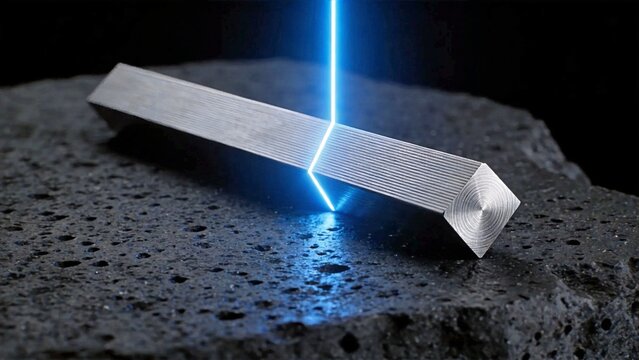 Precision Machined Titanium Triangular Prism on Matte Basalt Surface
