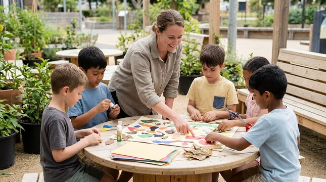 A female teacher guides four young boys in an outdoor art and craft activity at a wooden table, surrounded by plants.