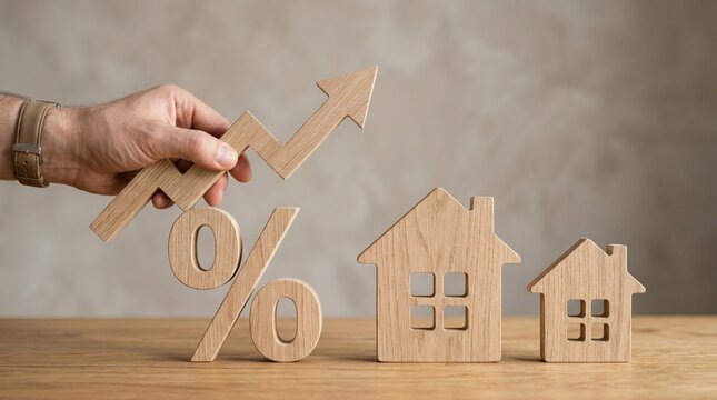 Real Estate Market Growth: A hand holds a wooden arrow with a percent sign and house figures, symbolizing an increasing real estate market and rising property values.