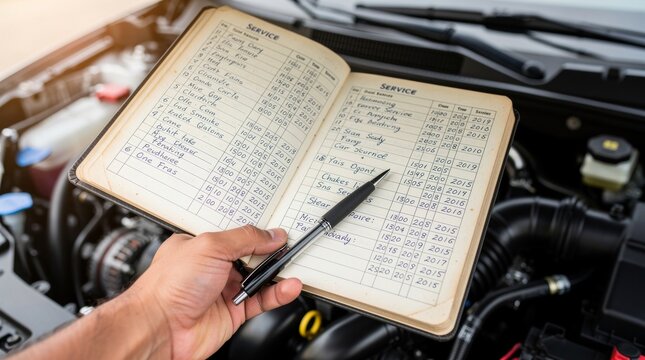 Hand holding service record book for vehicle maintenance