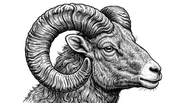 Aries Zodiac Mascot Silhouette: Vintage Engraving Style Ram Head Logo Isolated on White Background