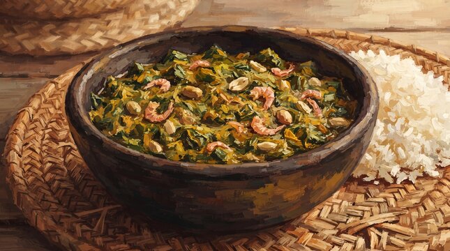 Gouache Editorial Art Matapa Coconut Peanut Greens Dark Clay Bowl Mozambique