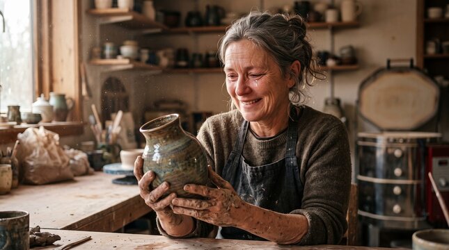 Heartwarming candid portrait of a senior female ceramic artist looking at her handmade clay vase with a proud teary eyed smile in a studio