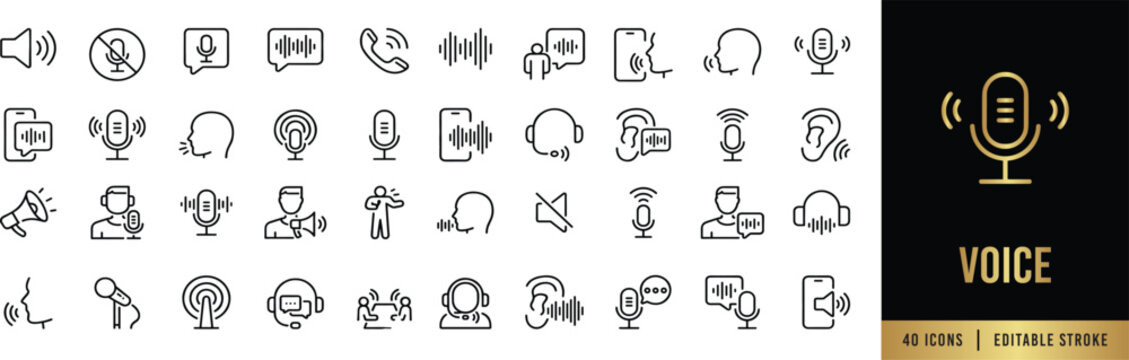 Voice AI and Conversational UI Line Icon Set - 40 Editable Stroke Symbols for Speech Recognition and Smart Audio