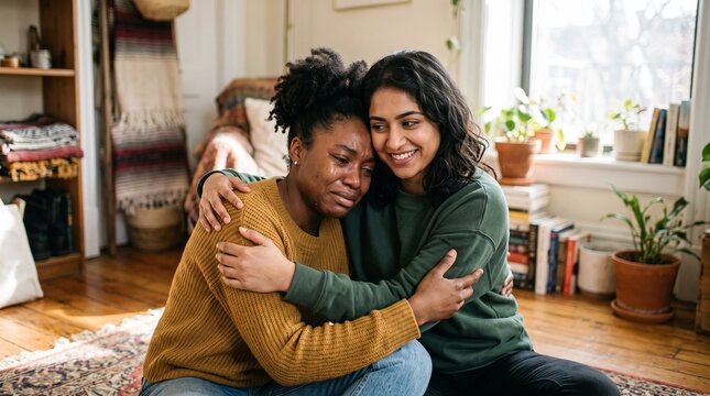 Intimate candid moment of a smiling young south asian woman embracing and comforting her crying black female friend while sitting on the living room floor showing deep empathy care 