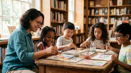 Obraz premium Teacher and diverse group of young children happily engaged in a painting activity at a wooden table in a library or classroom setting with bookshelves.