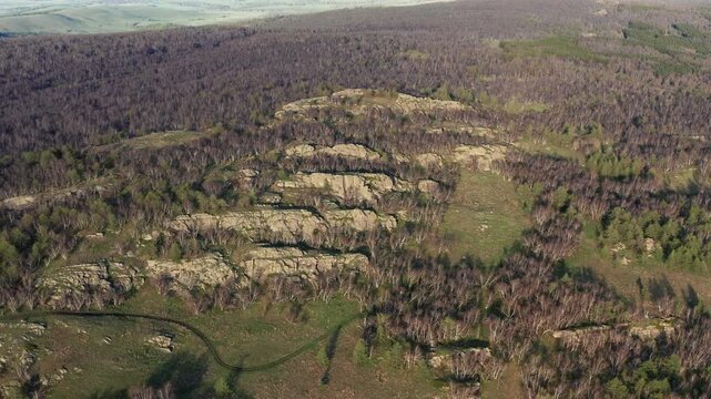Urals in spring: Irendyk ridge, Mount Karatashmas. Aerial view.