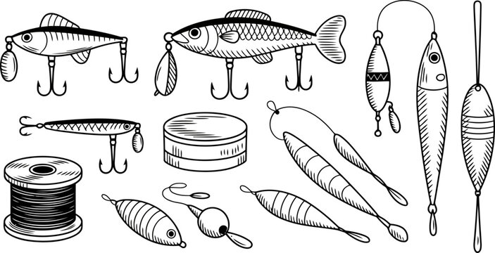 Black and white drawing of fishing lures, bobbers, and spool bait catch