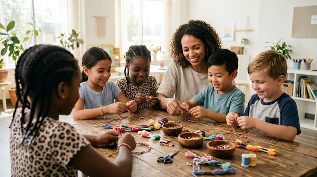 A diverse group of happy children and a smiling adult woman making crafts with beads and string at a wooden table in a bright room.